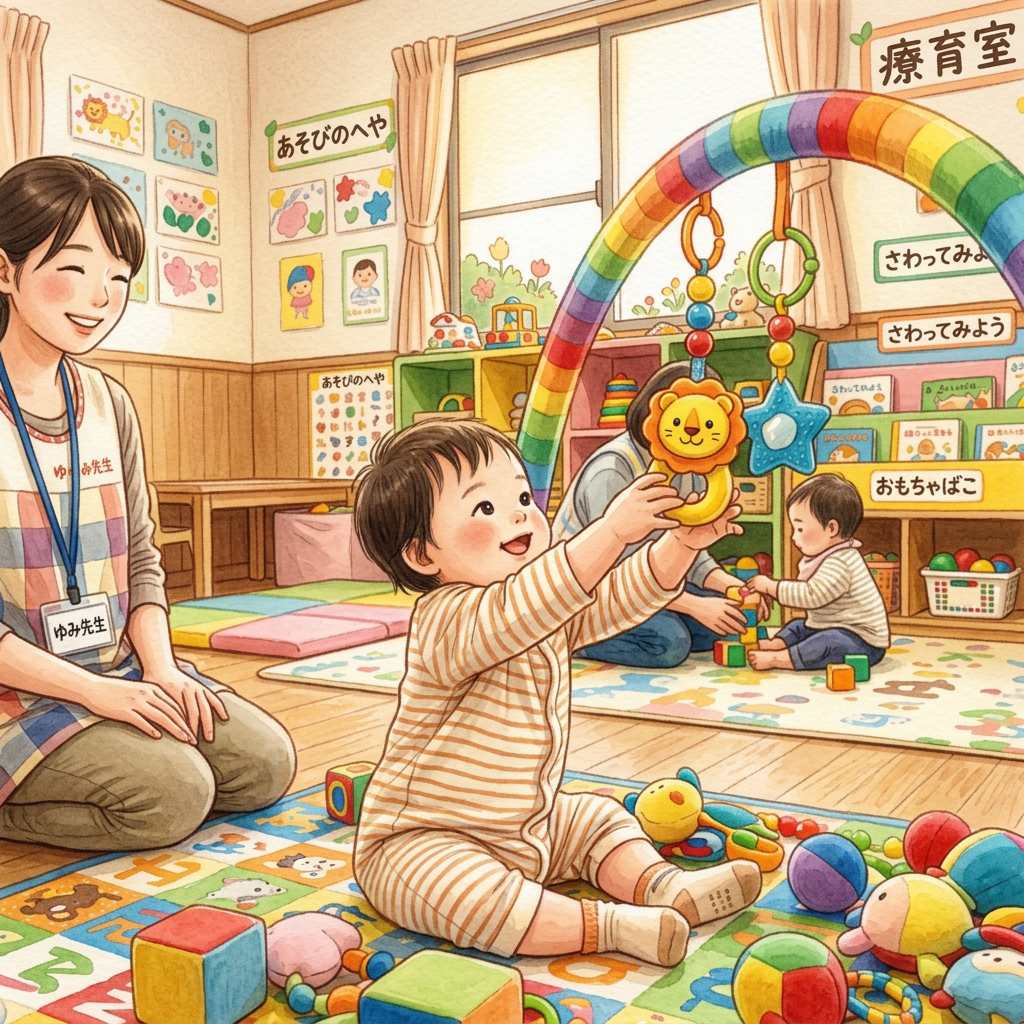 Child reaching for hanging toys in a colorful Japanese therapy classroom